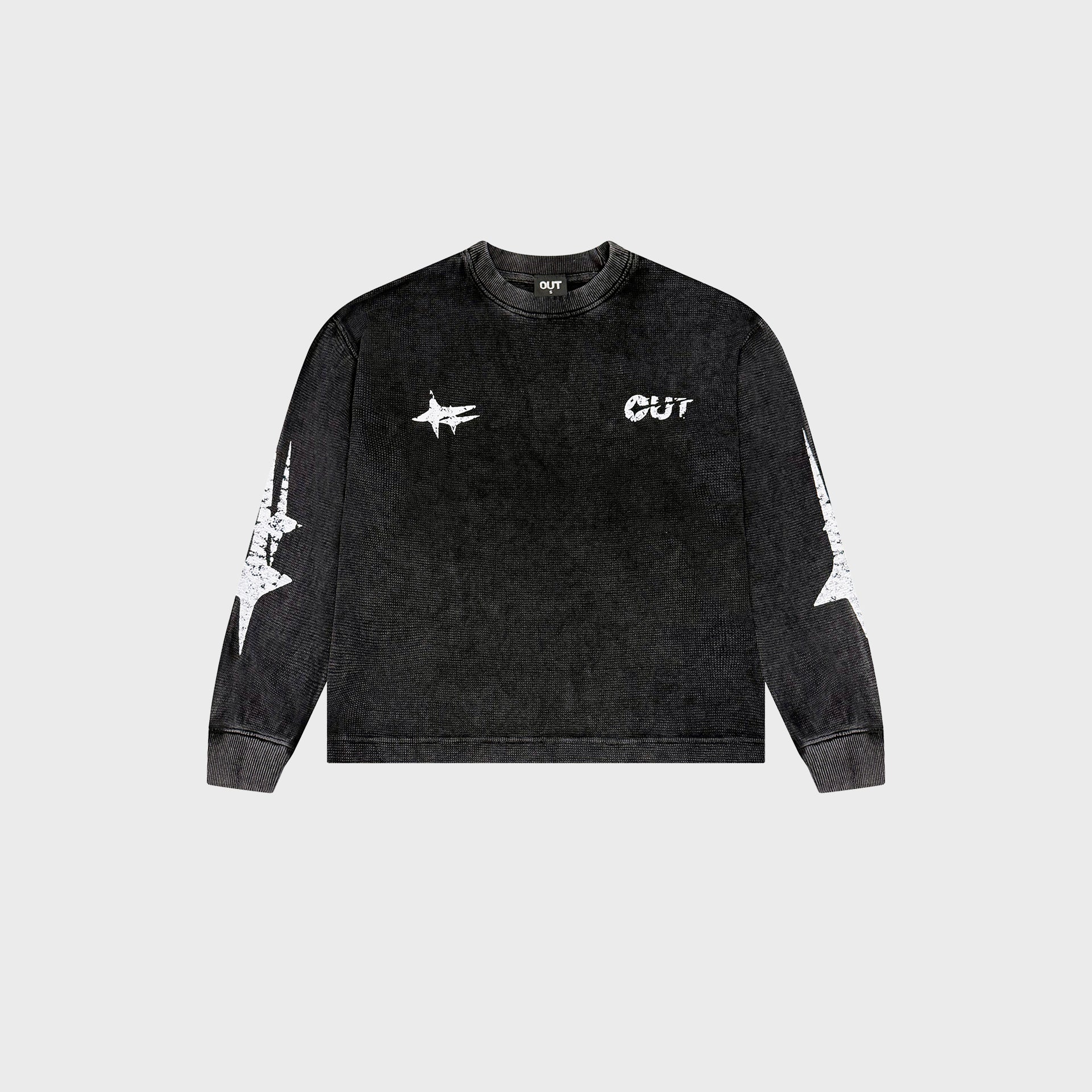 OUT Shooting Star Drop Shoulder Waffle Long Sleeve Black Salt Wash